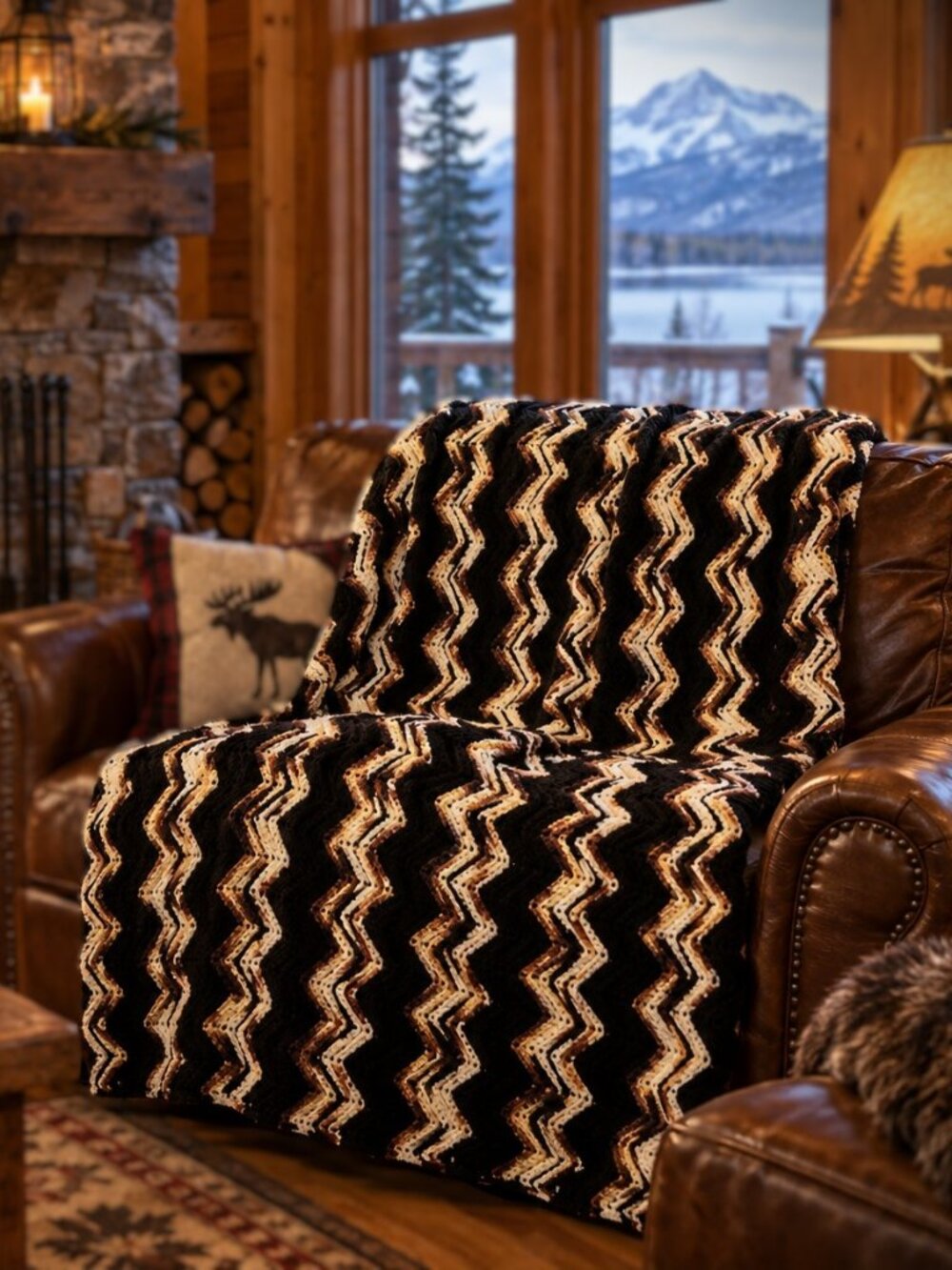 VINTAGE Retro 70s Handmade Crochet Chevron scallopped warm brown blanket throw